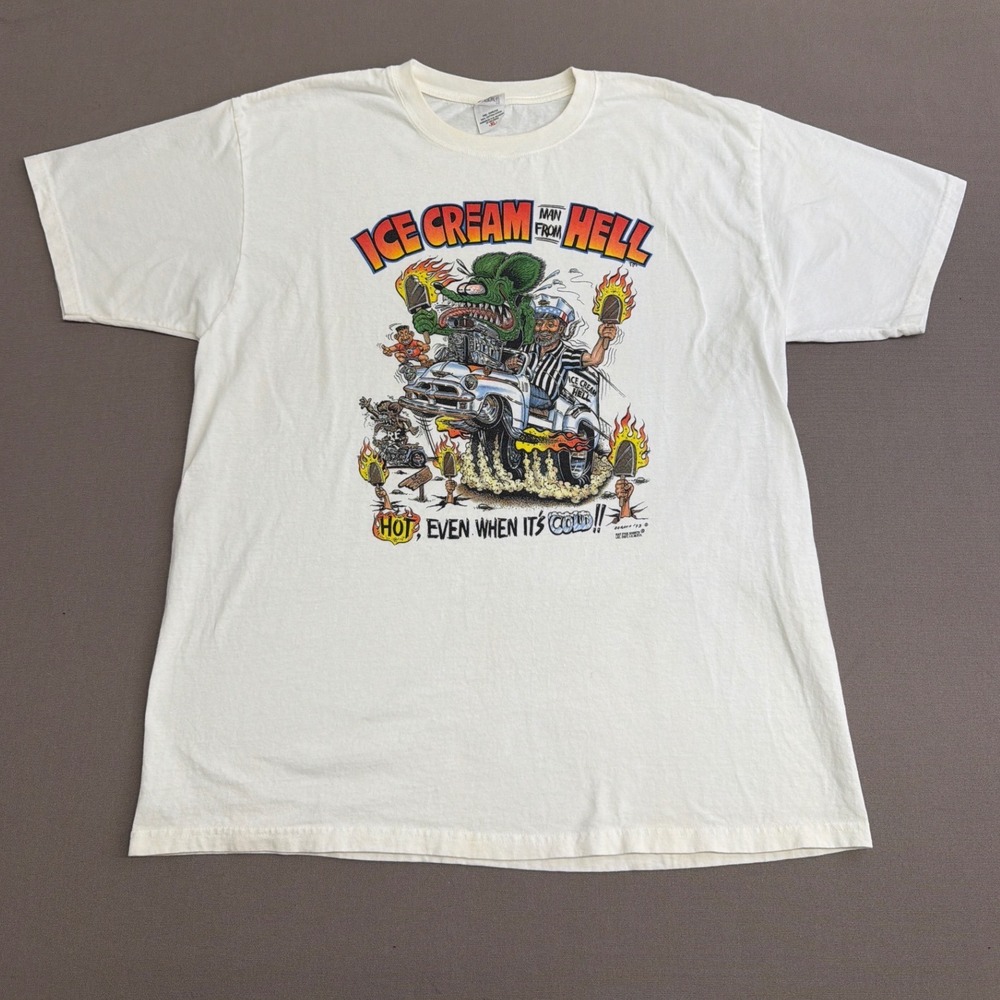 Vintage Anvil Ice Cream Man From Hell Rat Fink Style Graphic T-Shirt XL White